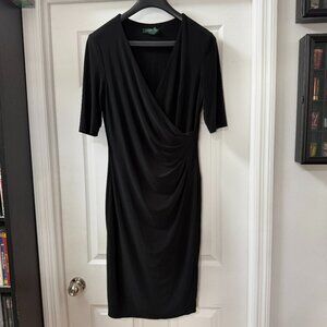Lauren Ralph Lauren Faux Wrap Bodycon pencil short sleeve black Dress size 12